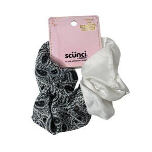 Scunci Black White Paisley Scrunchie Satin Bow Ponytail Holder